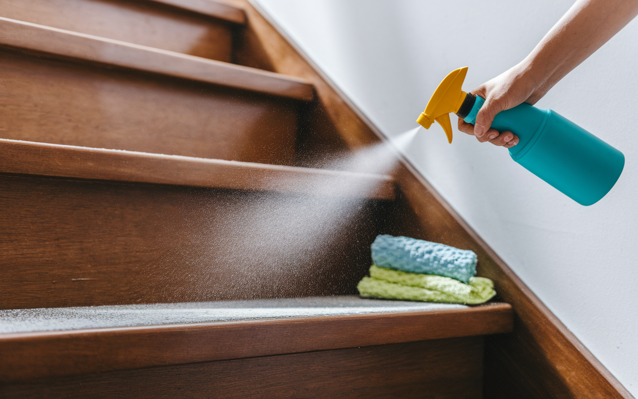 main applique spray sur marche escalier bois qui grince