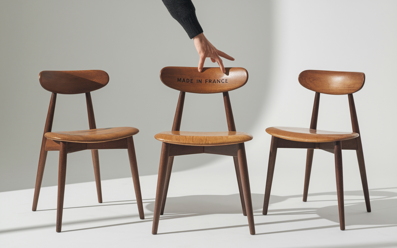 Détails marquage et patine chaise Baumann sous l’assise