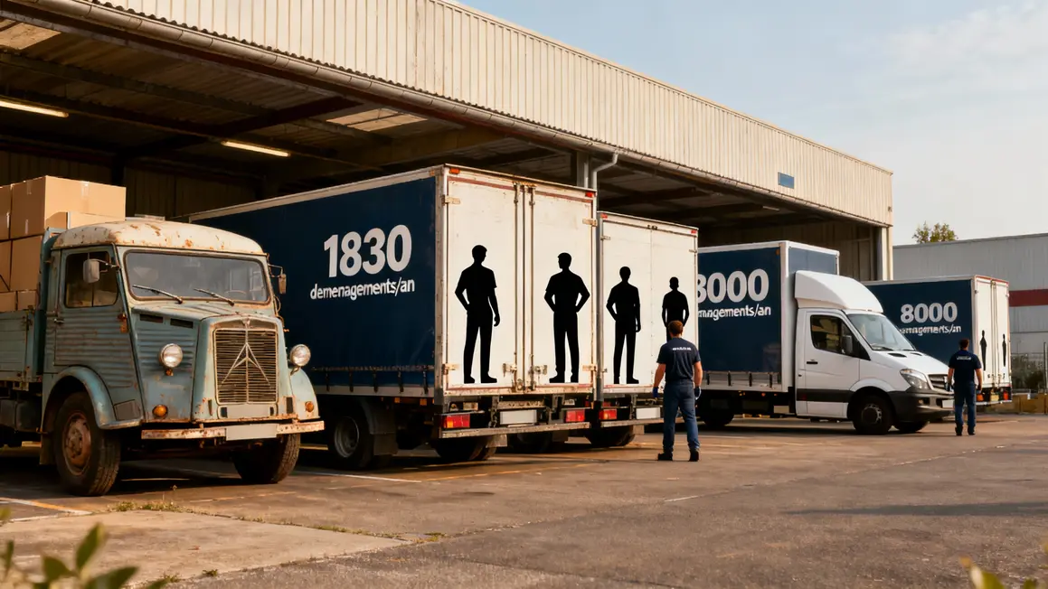 Vieux et nouveau camions déménagement Bailly devant dépôt