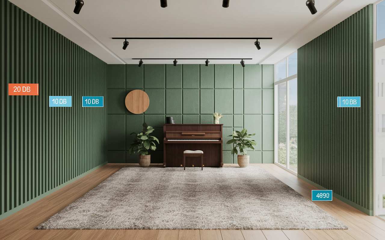Espace musique insonorisé avec batterie, piano et panneaux acoustiques