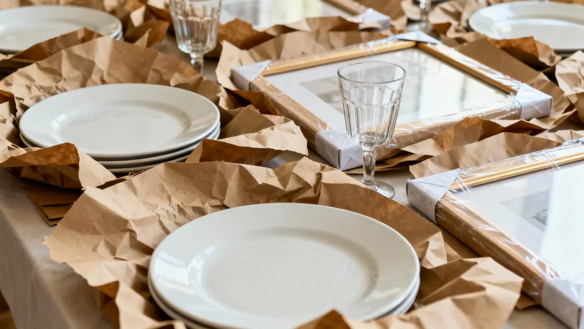 emballage de vaisselle fragile avec papier kraft epais