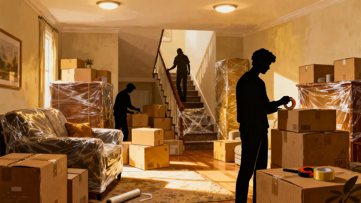 Préparation déménagement TDS : salon cartons, meubles protégés, escalier