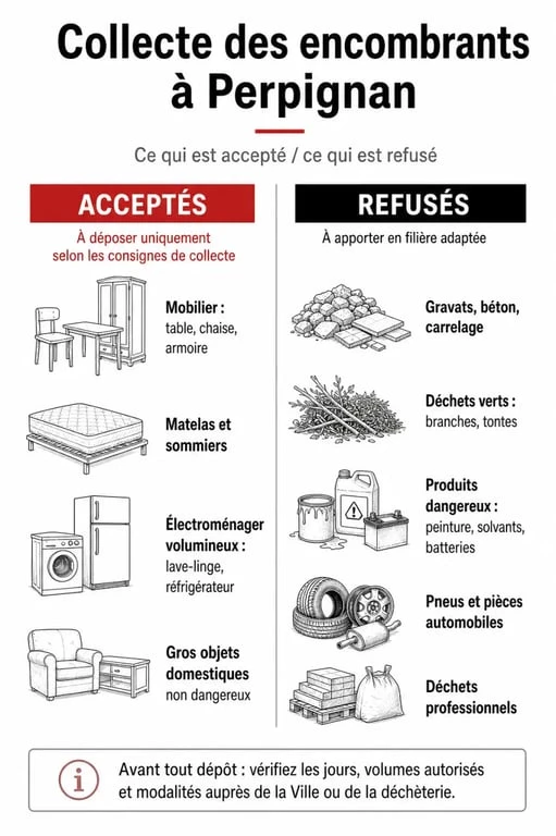 Infographie des règles de collecte des encombrants à Perpignan : objets acceptés et refusés