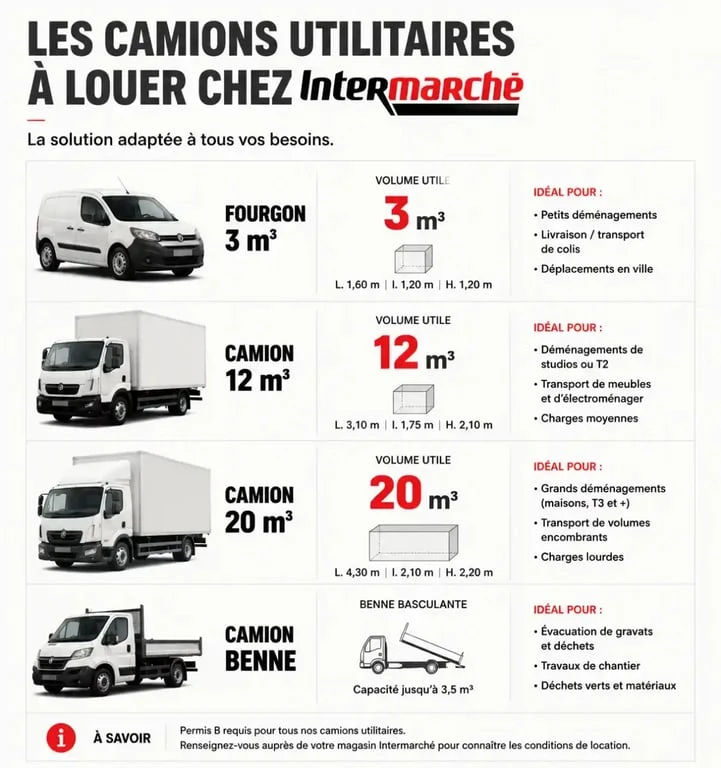 Infographie des types de camions utilitaires pour louer un camion Intermarché