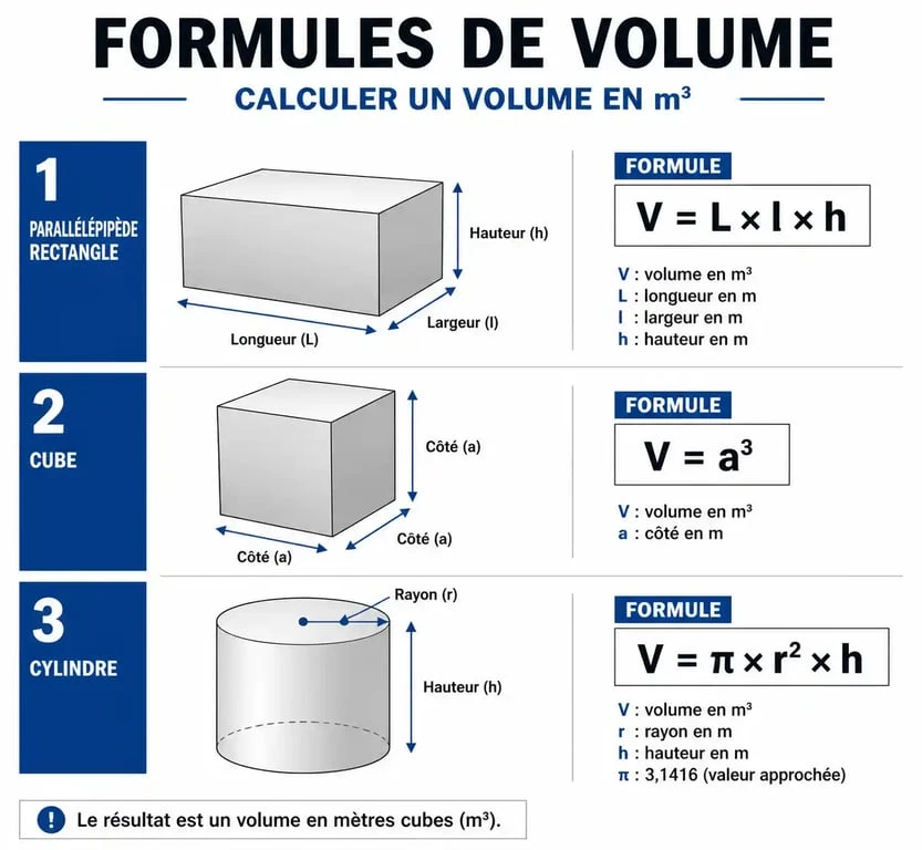 Formules pour calculer le volume en m3 d'un cube, d'un parallélépipède et d'un cylindre