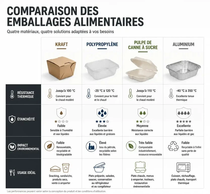 Comparatif des matériaux d'emballage alimentaire pour la restauration : kraft, plastique, pulpe et aluminium pour choisir le bon emballage.