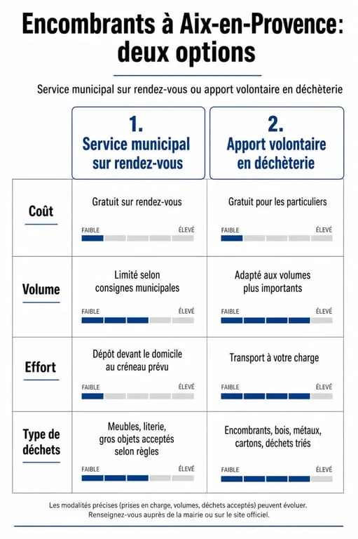 Infographie comparative des solutions pour les encombrants à Aix-en-Provence : service municipal et déchèterie