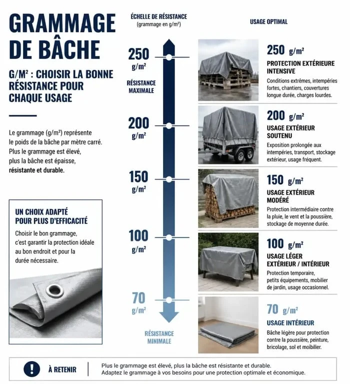 Infographie comparative des grammages de bâches bleues selon les usages