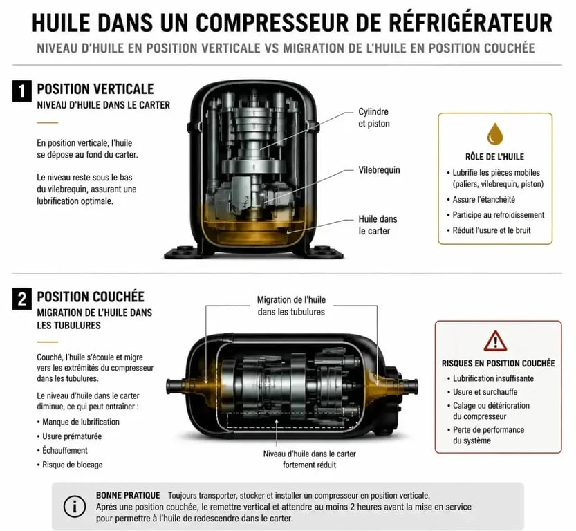 Schéma technique expliquant le risque de migration d'huile dans un frigo couché 20 minutes