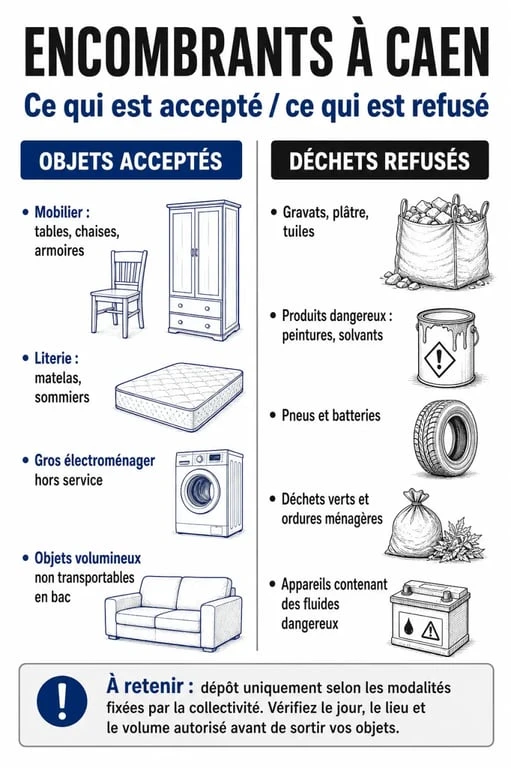 Infographie des règles de collecte des encombrants à Caen : objets autorisés et interdits