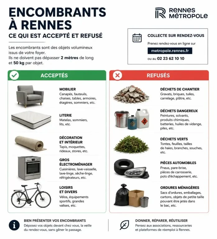 Infographie des encombrants à Rennes : objets acceptés et refusés pour la collecte.