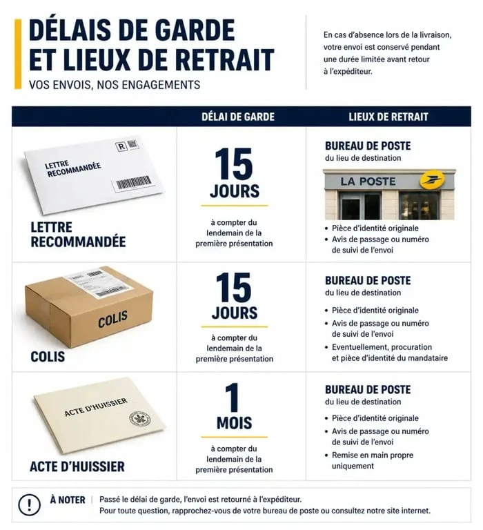 Infographie récapitulative des délais de conservation et lieux de retrait suite à un avis de passage
