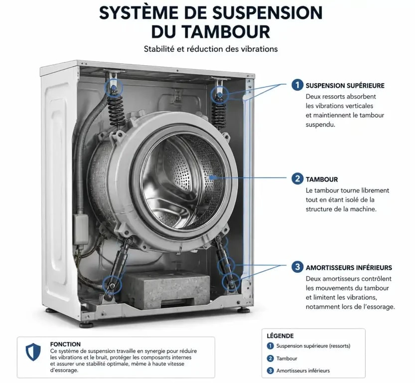 Schéma de fonctionnement des amortisseurs et ressorts de suspension d'une machine à laver pour comprendre pourquoi elle se déplace à l'essorage