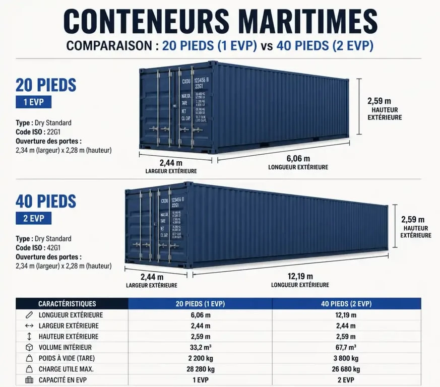 Comparaison visuelle entre un conteneur 20 pieds 1 EVP et un conteneur 40 pieds 2 EVP