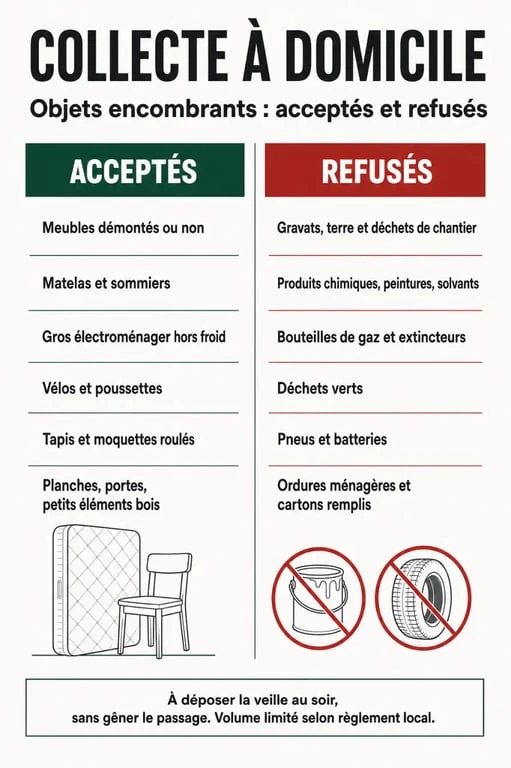 Infographie des objets encombrants acceptés et refusés pour la collecte à Limoges