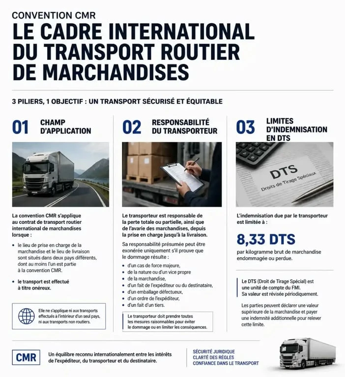 Schéma explicatif des principes de la convention CMR transport et des responsabilités des parties