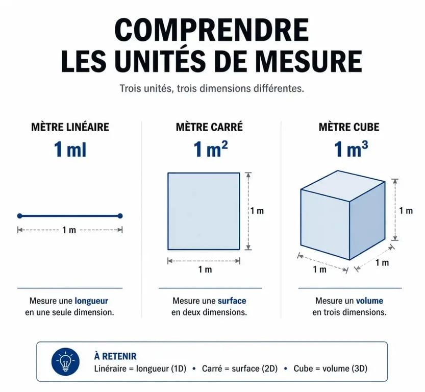 Schéma explicatif de la différence entre mètre linéaire, mètre carré et mètre cube pour le calcul de volume