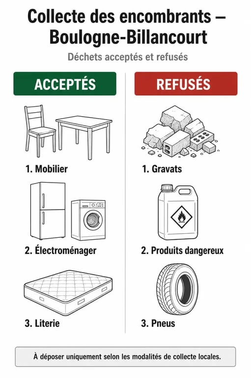 Infographie des règles de collecte des encombrants à Boulogne-Billancourt : déchets acceptés et refusés