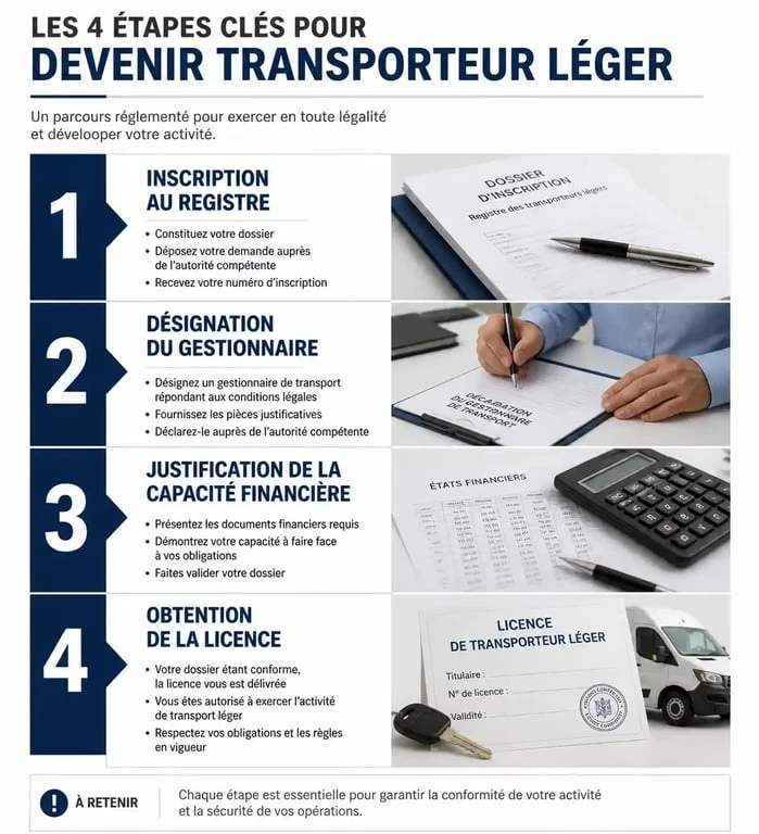 Infographie des étapes pour créer une entreprise de transport de marchandises de moins de 3,5 tonnes
