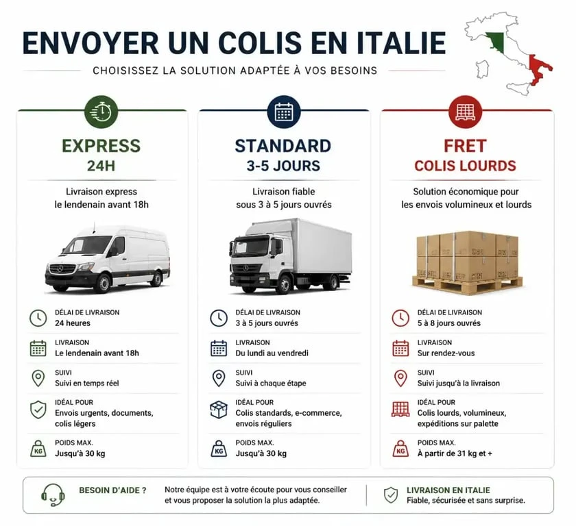 Infographie comparative des options pour envoyer un colis en Italie : express, standard et fret.