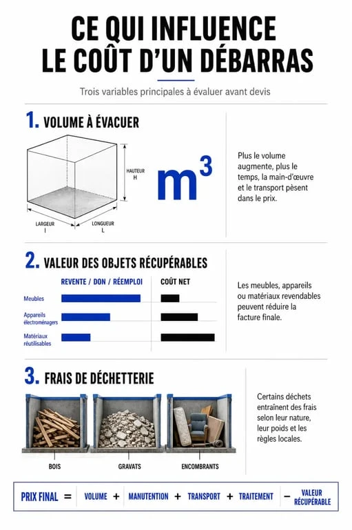 Infographie sur les facteurs déterminant le prix d'un débarras professionnel et la valorisation des objets