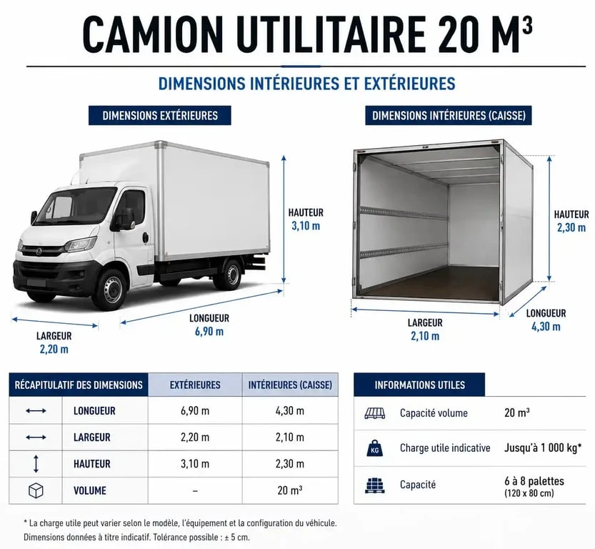 Schéma des dimensions d'un camion utilitaire 20 m3 pour déménagement