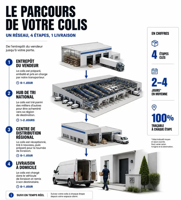 Schéma du parcours d'un colis quand votre envoi est en transit sur nos plateformes logistiques