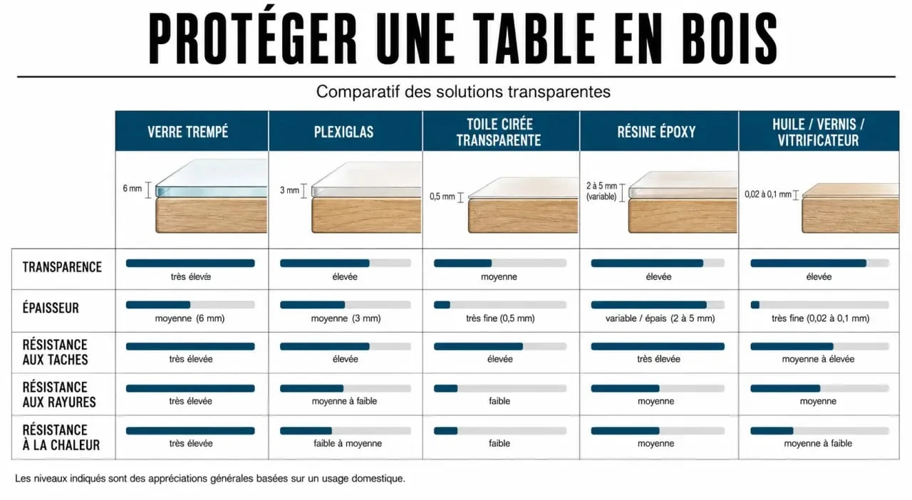 Protection table bois : comparaison des solutions verre trempé, plexiglas, toile cirée et vernis
