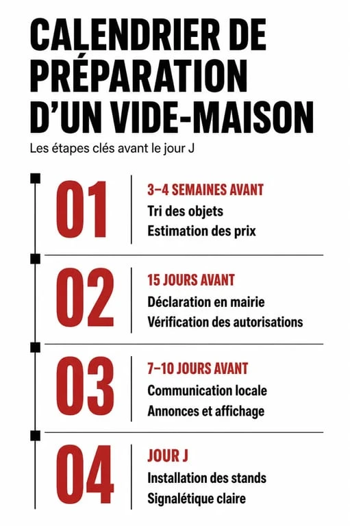 Infographie des étapes pour organiser un vide maison avec succès et respecter la réglementation.