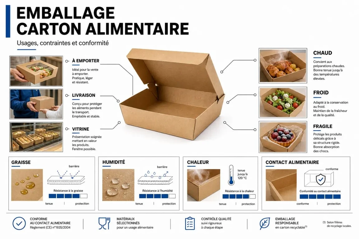 Emballage carton alimentaire : visuel explicatif des usages, critères de choix et conformité