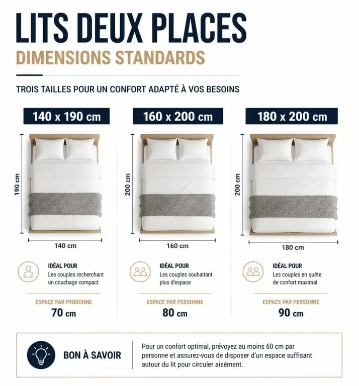 Comparatif des dimensions de lit 2 places : 140x190, 160x200 et 180x200 cm