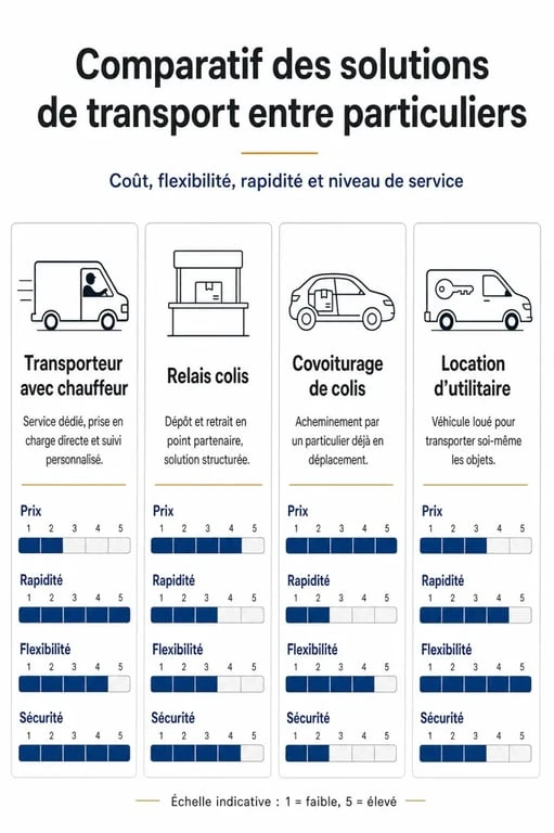 Tableau comparatif des solutions de transport pour particulier : transporteur, relais colis, covoiturage et location.