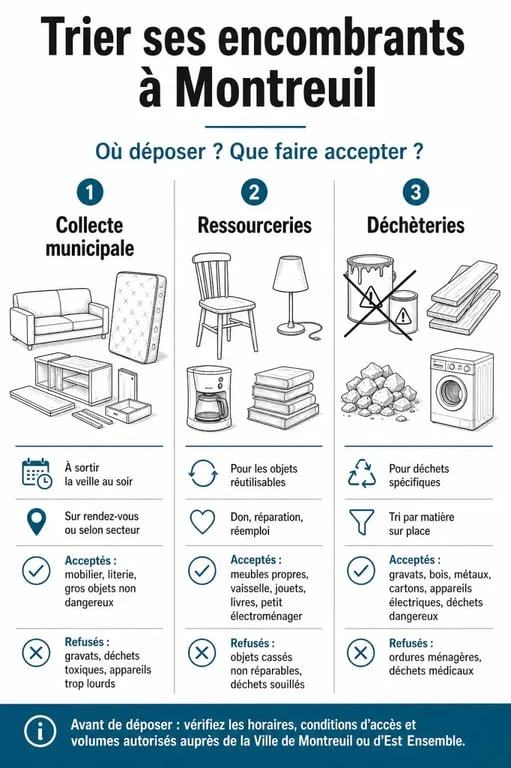 Infographie des consignes de tri pour les encombrants à Montreuil : collecte municipale, ressourceries et déchèteries.