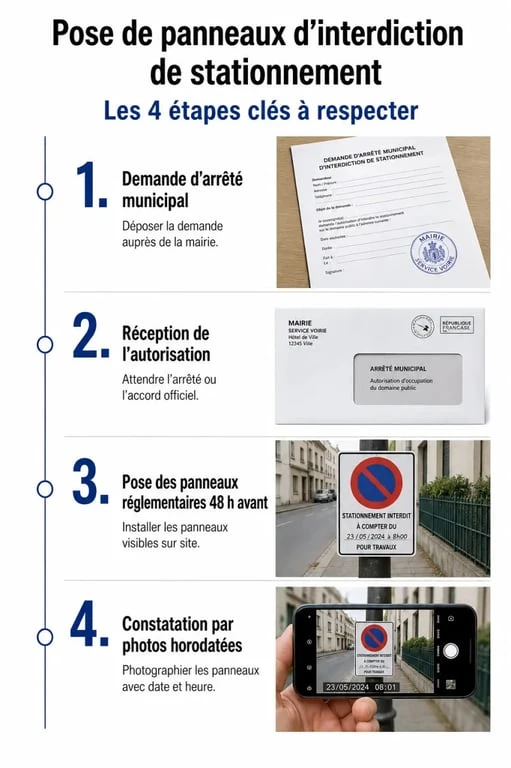 Étapes pour la pose de panneaux d'interdiction de stationner pour déménagement ou travaux