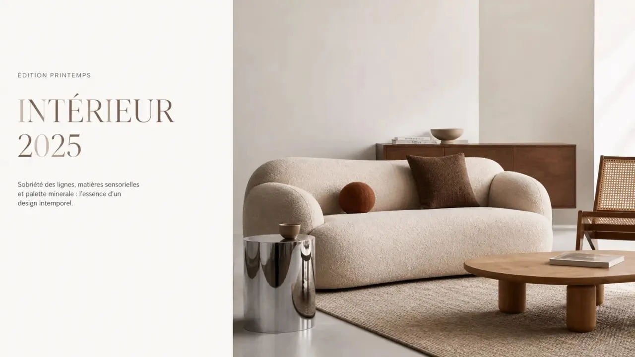 Meuble tendance 2025 dans un salon contemporain avec canapé aux courbes, buffet en noyer et accents chrome