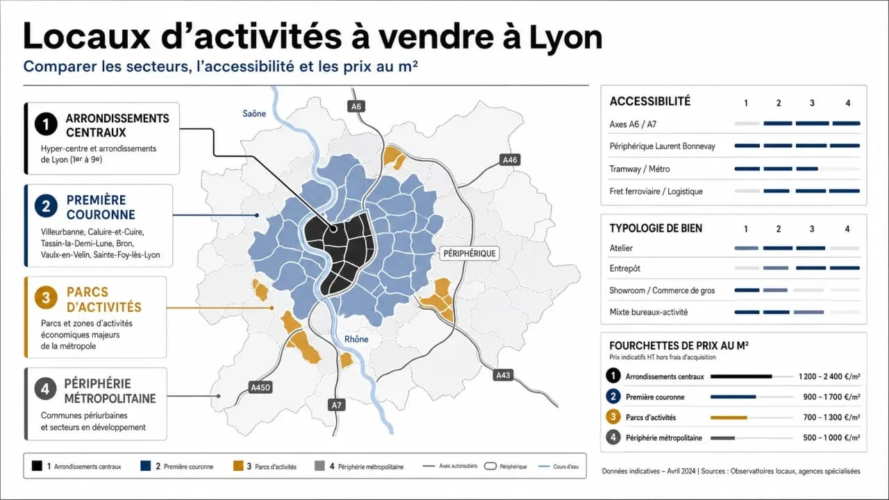 Locaux d’activités à vendre à Lyon : infographie des zones de recherche et des critères de choix