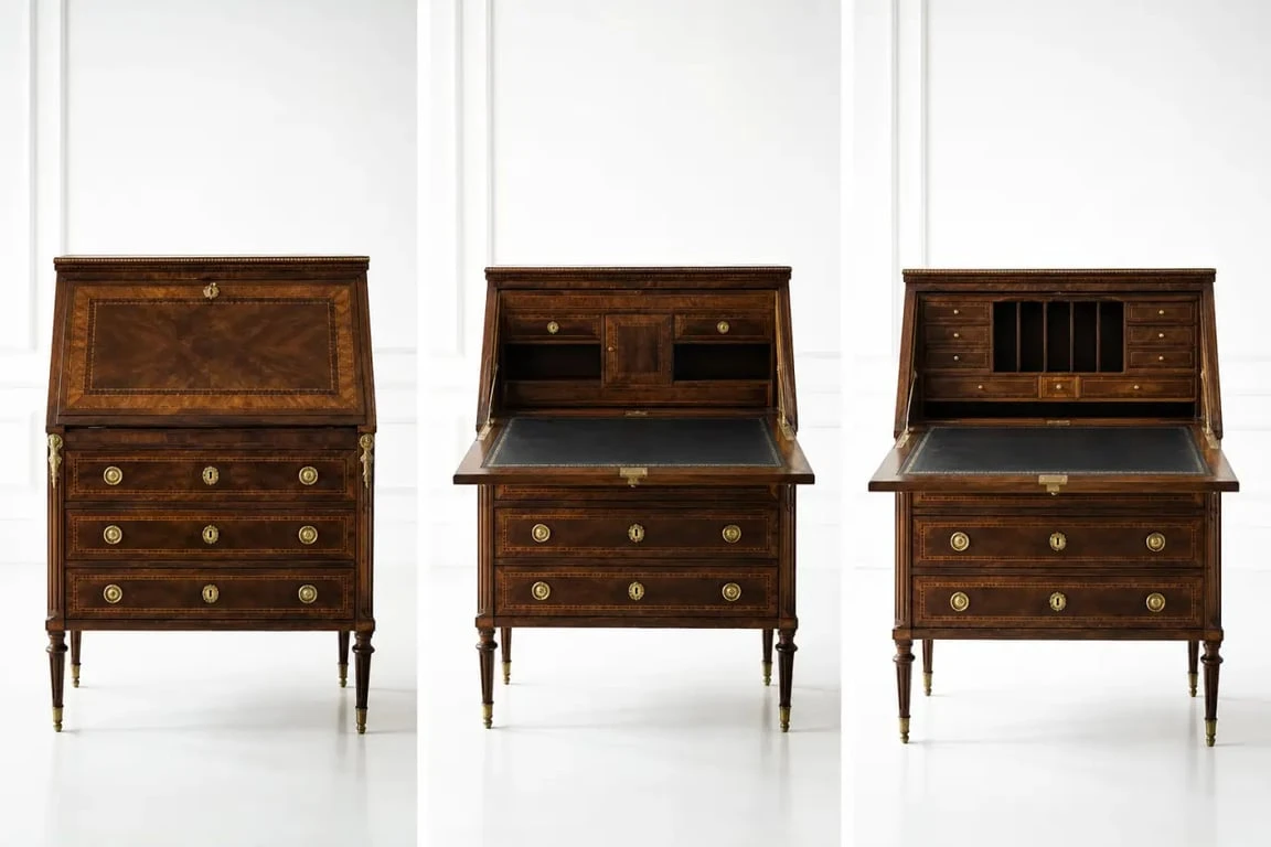 secrétaire ancien meuble illustré dans un intérieur contemporain avec plateau rabattable ouvert