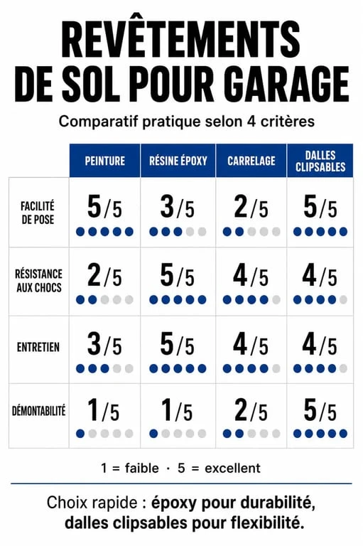 Comparatif des revêtements de sol pour garage : peinture, résine, dalles clipsables et carrelage
