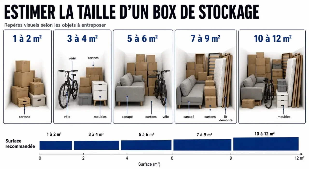 Estimer taille box stockage avec un visuel comparant les surfaces de 1 à 12 m² et les principaux types d’affaires à ranger