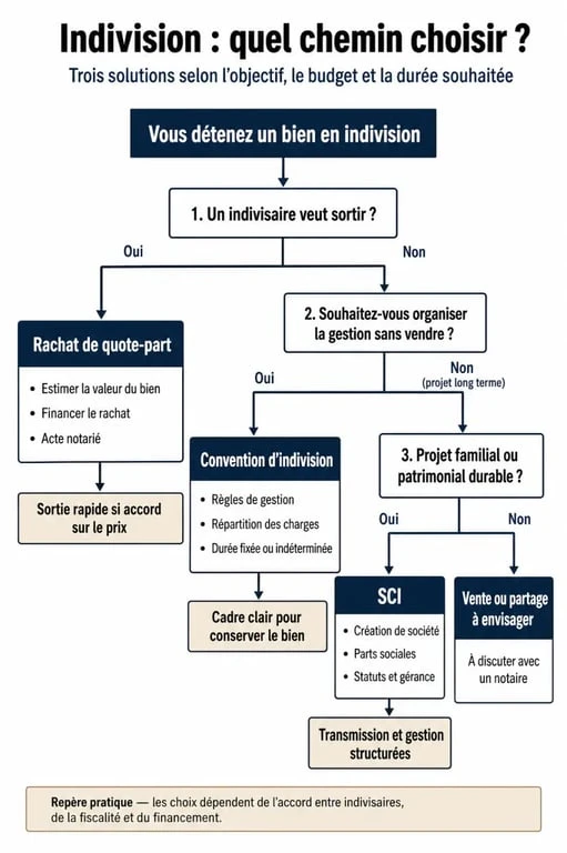 Schéma des solutions juridiques pour sortir de l'indivision sans vendre