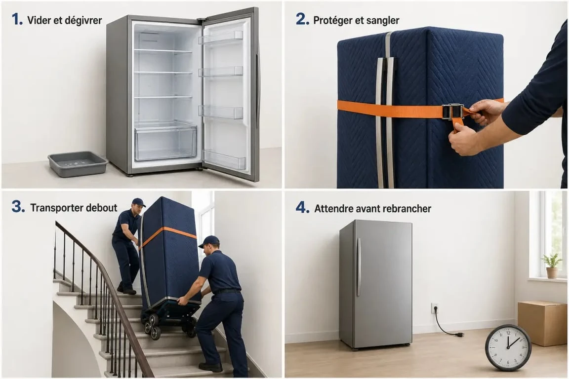 Déménagement frigo : étapes pour vider, protéger, transporter debout et attendre avant rebrancher