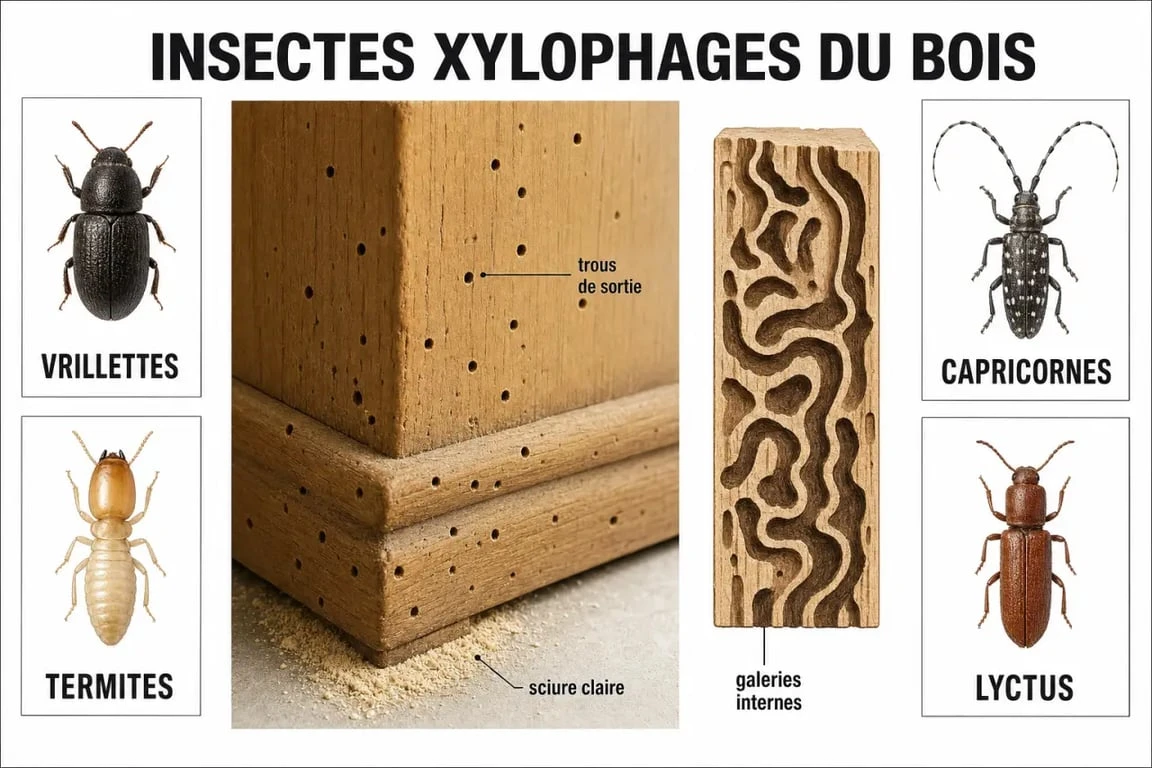 Mites bois meuble : illustration des signes d'infestation dans un meuble en bois avec trous, sciure et galeries