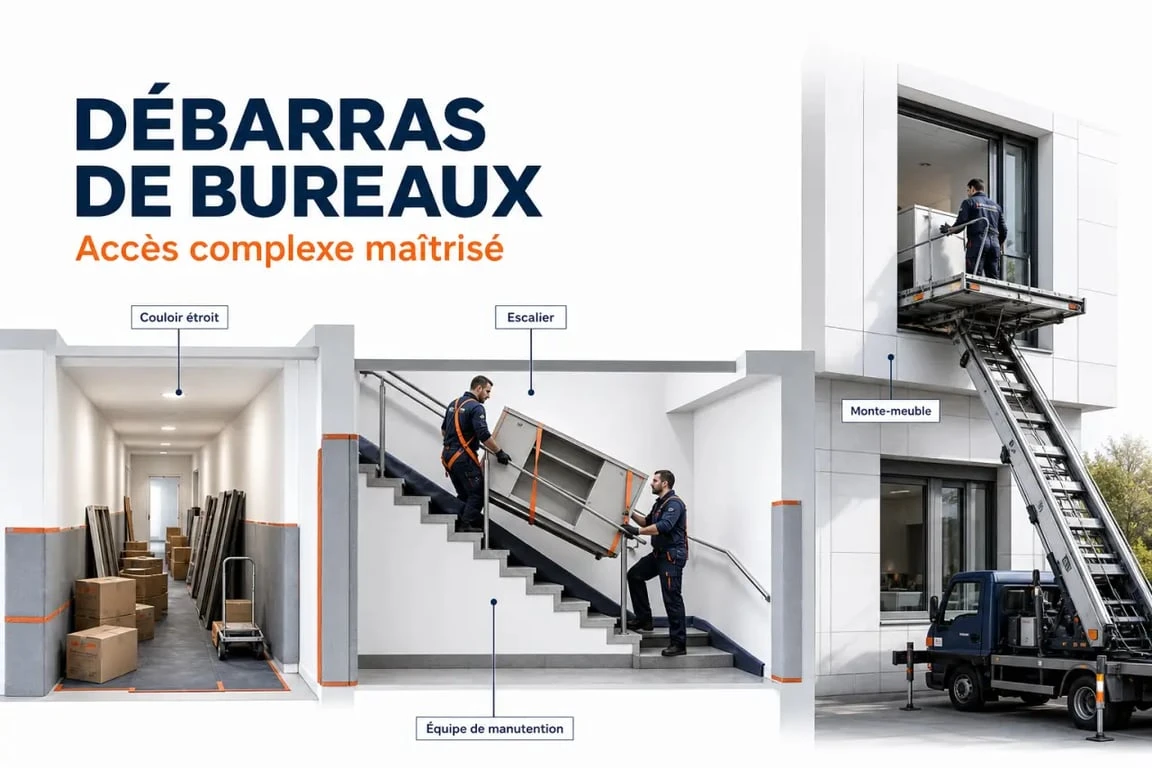 Débarras bureaux avec monte-meuble et accès difficile
