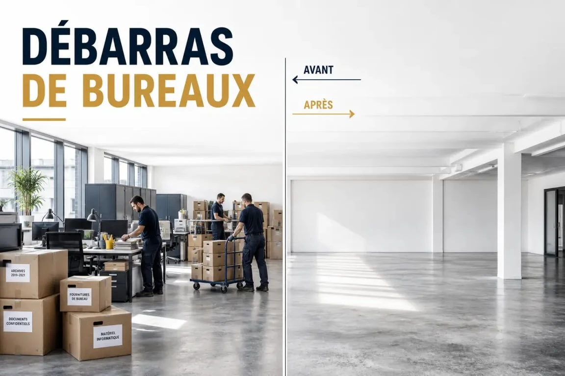 Débarras bureaux dans un open space avec mobilier en cours d’évacuation