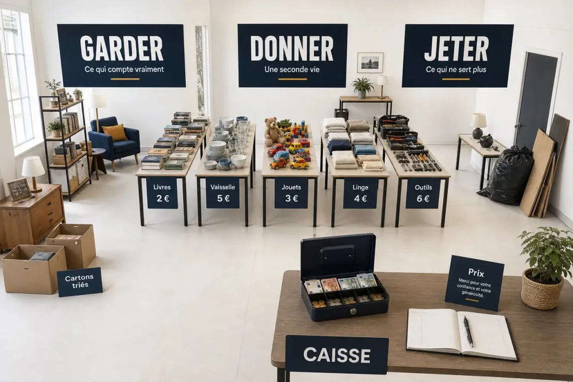 Illustration pour organiser vide maison avec zones de tri, tables de vente et circulation des visiteurs