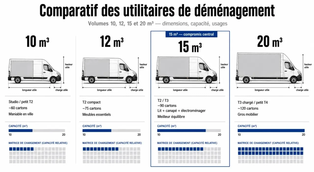 Camionnette 15 m3 illustrée en comparaison avec 10, 12 et 20 m3 pour comprendre le volume utile