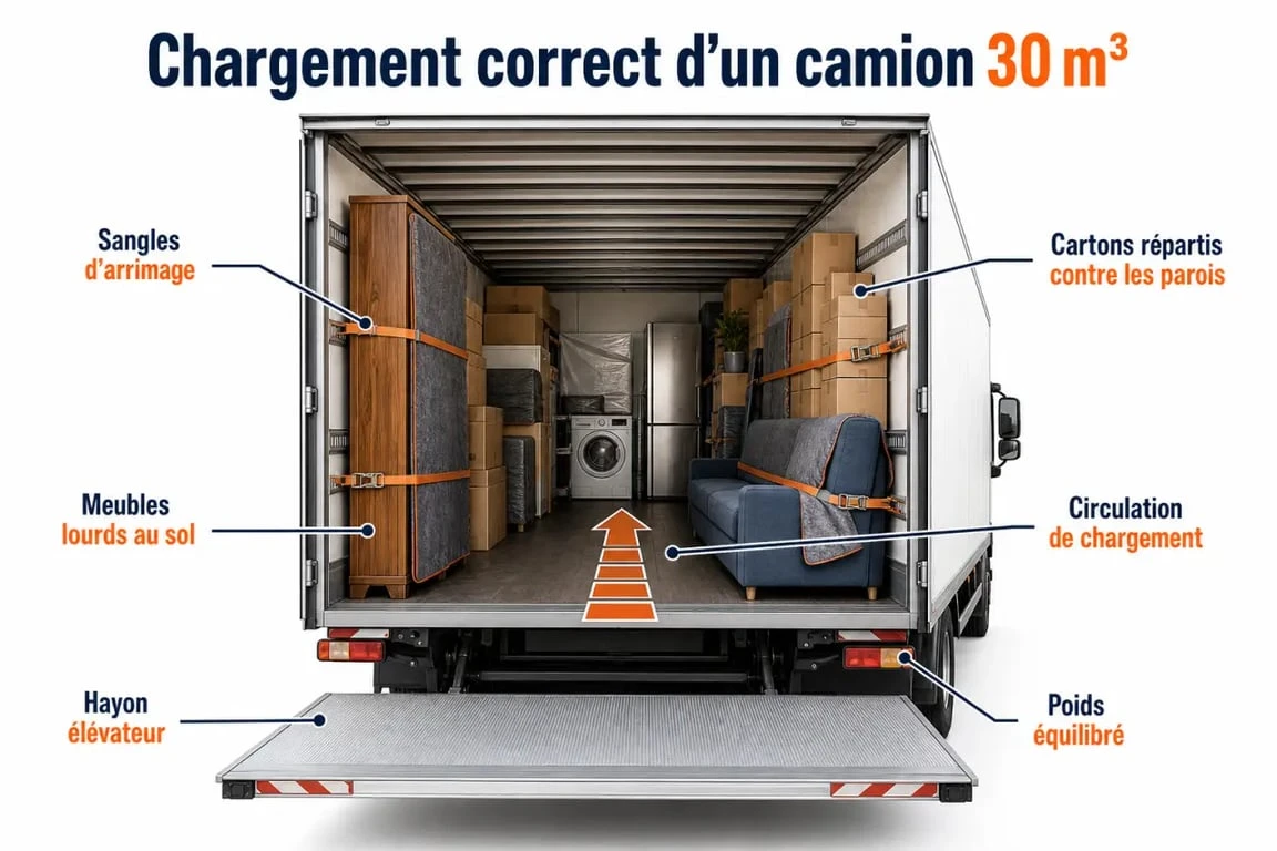 Location 30m3 : camion chargé avec meubles lourds, hayon élévateur et arrimage sécurisé