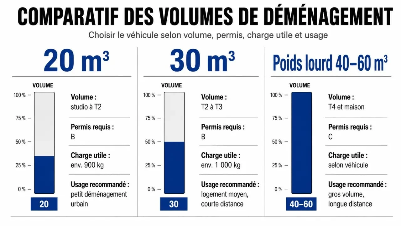 Location 30m3 : comparatif visuel entre 20m3, 30m3 et poids lourd pour choisir le bon camion
