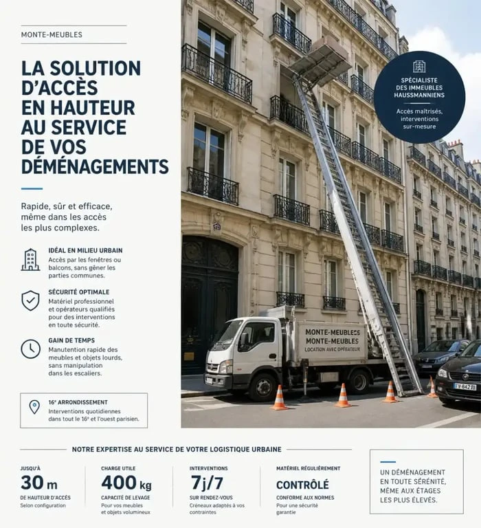 Déménagement Paris 16 avec monte-meubles devant un immeuble haussmannien