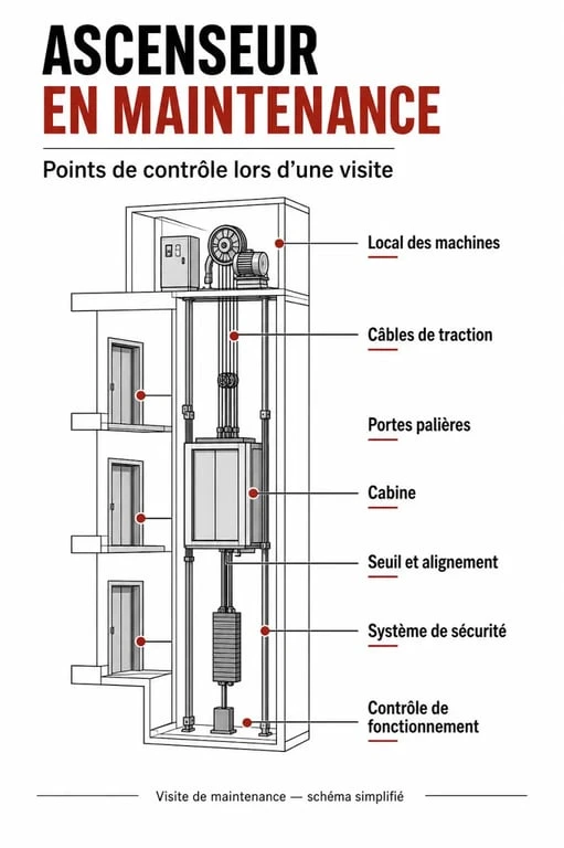 Entretien d un ascenseur : schéma des éléments contrôlés lors d’une visite de maintenance